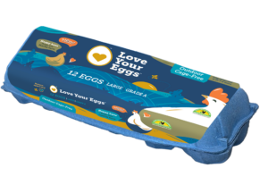 Cage-free mockup_hi res Love Your Eggs outdoor cage-free egg carton with blue label and farm illustrations.