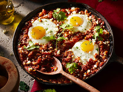 Cast iron skillet of shakshuka with sunny-side eggs, tomato sauce, and herbs.
