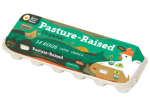 Pasture-raised mockup_hi res Love Your Eggs pasture-raised organic egg carton with green label and illustrated farm scene.